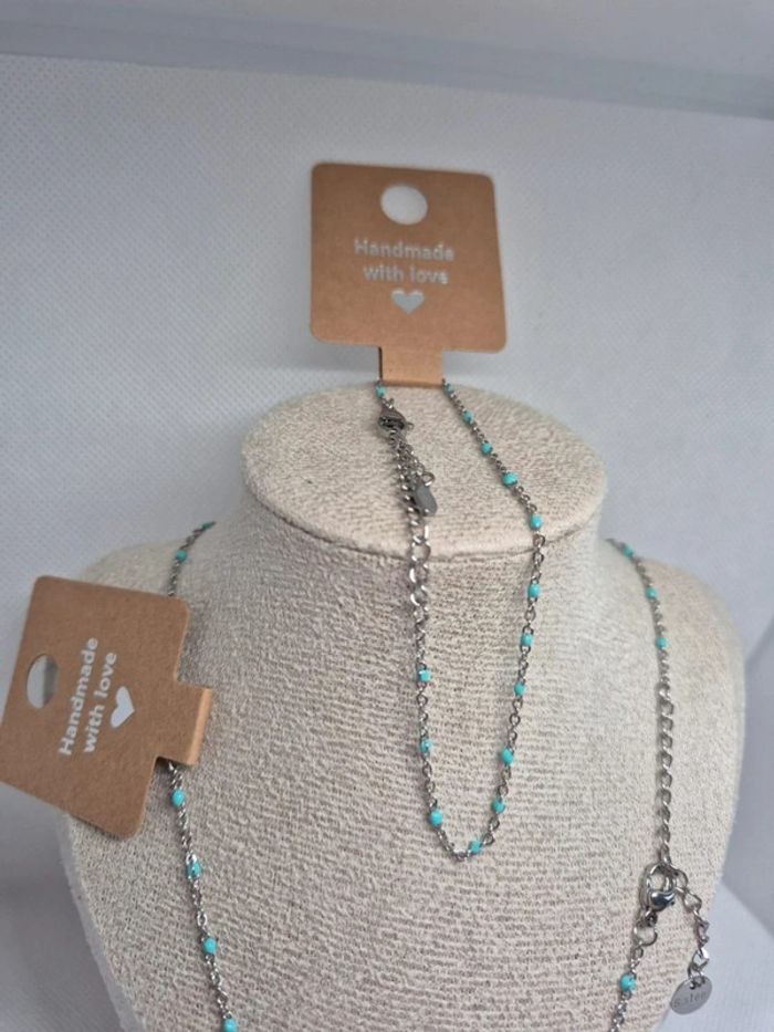 Parure argenté de 2 bijoux : 1 collier et 1 bracelet perles turquoise 🌸 Acier inoxydable - photo numéro 2