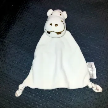 Doudou Plat Pranarom Hippopotame Blanc et Marron Dessous Imprimé Fleur