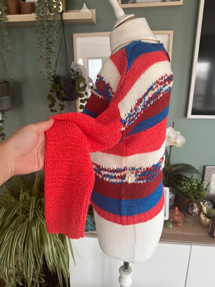 Pull en maille ajouré légère Promod taille XS rouge bleu blanc crème - photo numéro 2