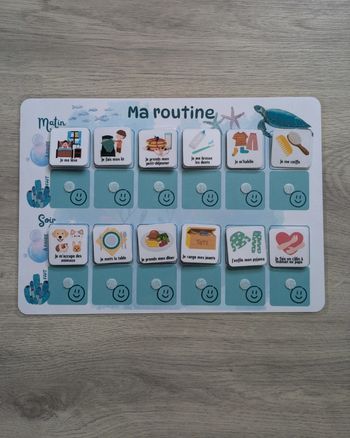 Tableau de routine enfant matin et soir tortue bleue, 30 vignettes à scratch