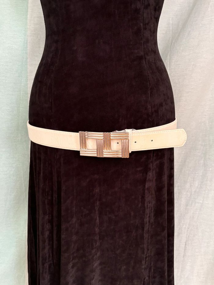 Ceinture vintage blanche avec boucle en métal argenté double carré 90cm