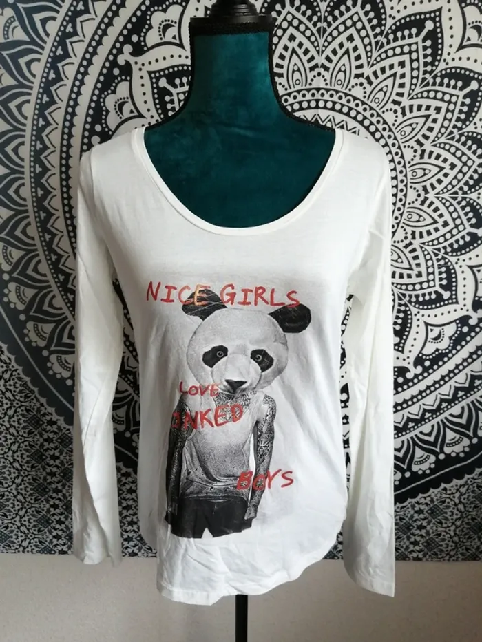 Tee-shirt blanc à manches longues imprimé homme tatoo et tête panda / teddy Smith / (18ans) - photo numéro 2