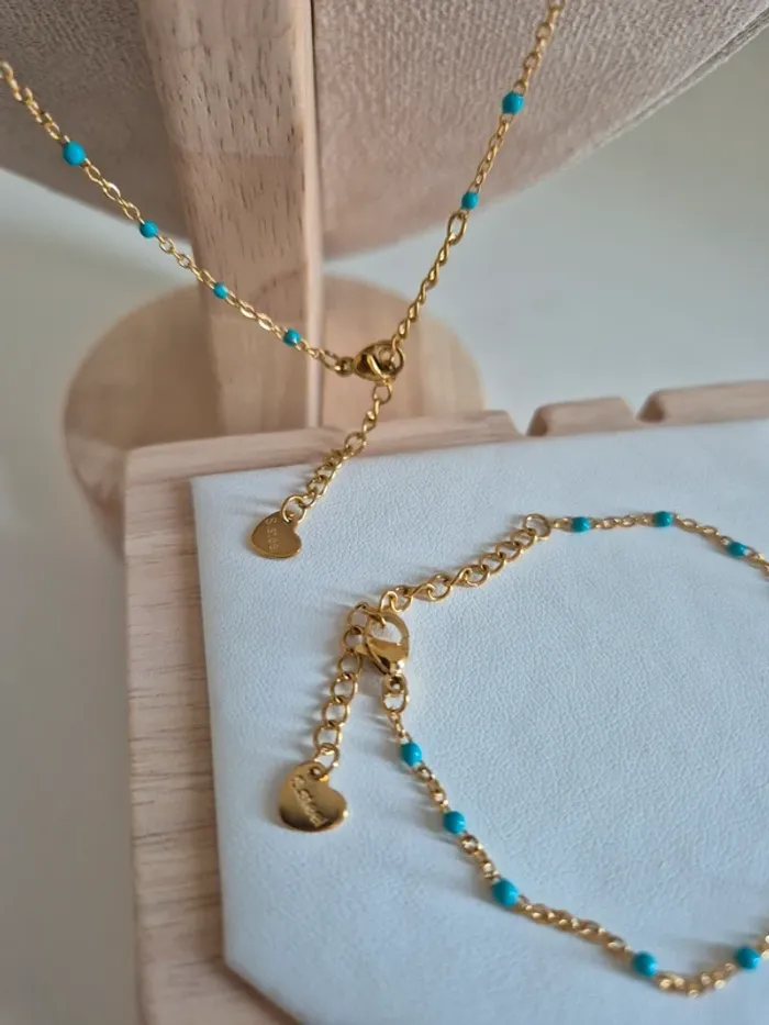 🌸 nouvelle couleur 🌸 bleu canard Parure lot de 2 bijoux en acier inoxydable - photo numéro 5