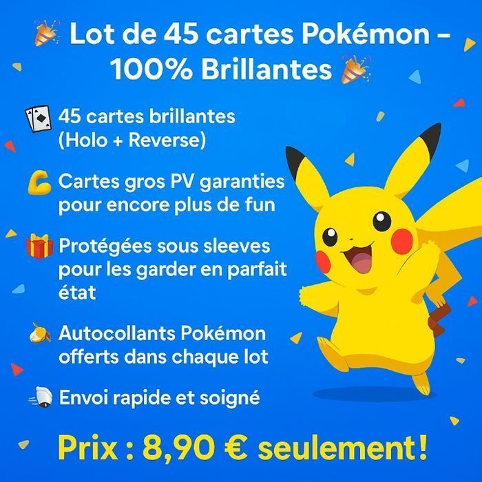 🎉 Lot de 45 cartes  aléatoires Pokémon  – 100% Brillantes 🎉