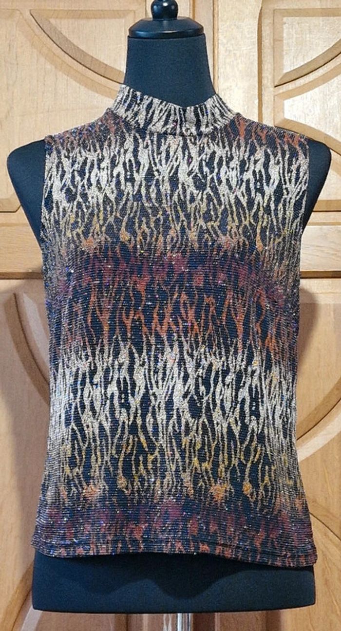 Top multicolore Damart 38 imprimé guépard sans manches chic rétro tendance - photo numéro 3