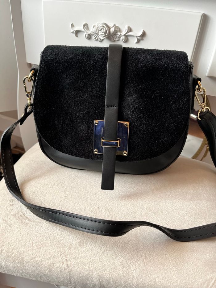 Sac besace bandoulière cuir et suédine noir made in italy TBE 👜