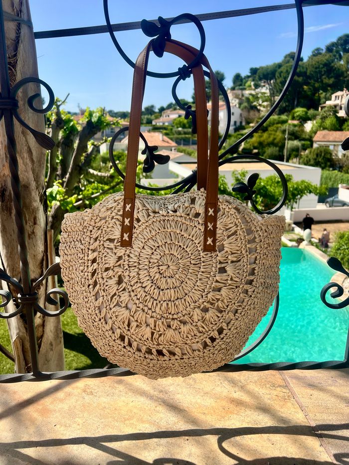 Sac rond en paille - Plage - Beige/crème