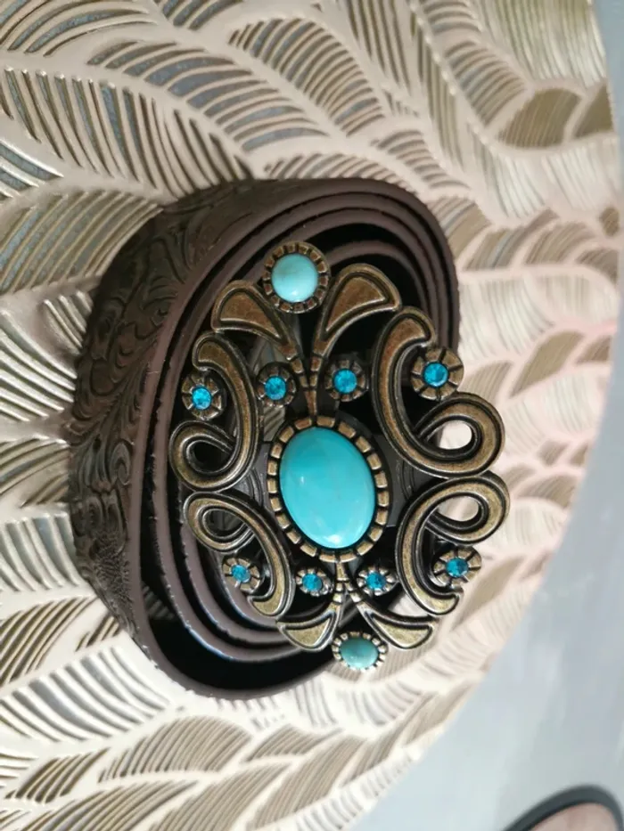 Ceinture de cowboy country doré et bleu turquoise - photo numéro 2