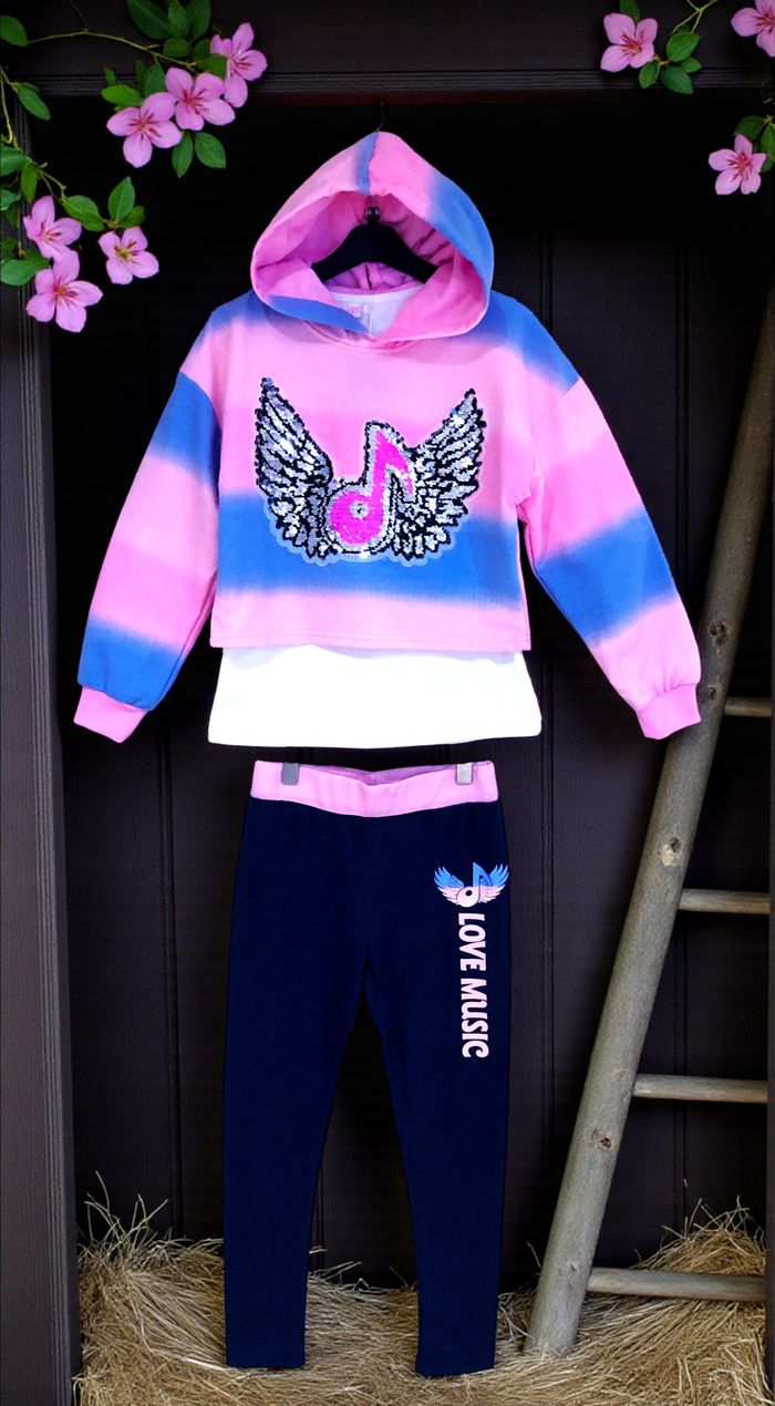 HELLO GIRL - NEW - ENSEMBLE 3P FILLE MOTIF AILES ANGE, NOTES DE MUSIQUE & TONS PAILLETÉS FLASHIES 8A - photo numéro 3