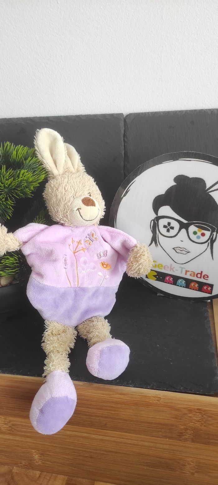 Doudou lapin plat violet beige tex baby marron fleur papillon Patte Demi Lune