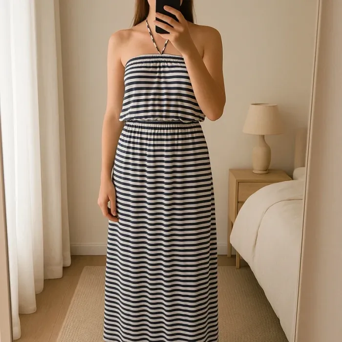 Robe longue marinière rayures horizontales grises bustier avec lien pour le cou T.38 Promod