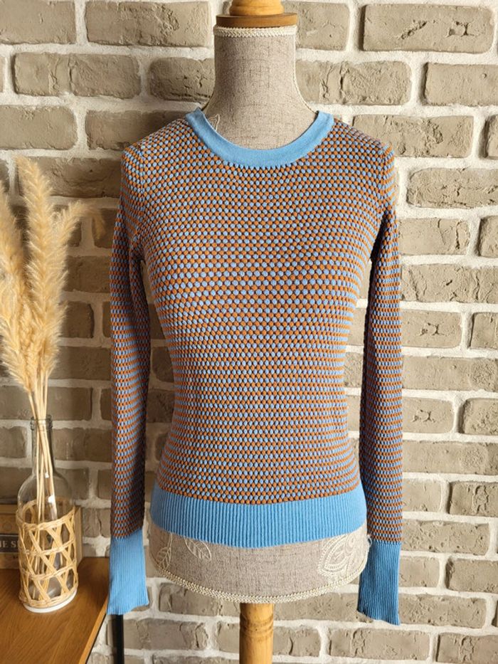 Petit pull Zara en mailles gaufrées bleu clair et camel - photo numéro 5