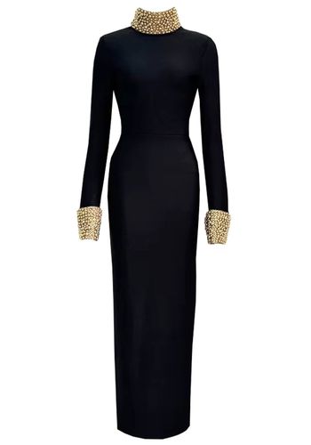 🖤 Robe longue noire élégante col perlé doré 