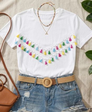 T-shirt blanc à pompons - Boho Taille L