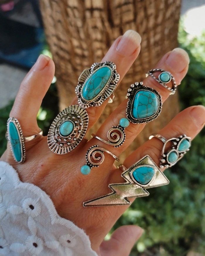 A48 lot de 8 bagues bohème rétro turquoise diverses taille.neuves - photo numéro 3