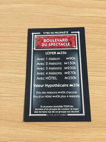 Carte titre de propriété Boulevard du spectacle pièce jeu de société Monopoly Millionnaire #A45