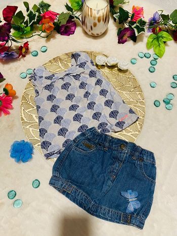 🩵Ensemble fille 6 mois – Blouse fluide + Jupe en jean – Très bon état 🩵