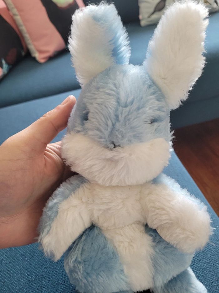 RARE Lapin hochet (fonctionne) Boulgom bras ouverts bleu blanc peluche doudou France collection 28cm