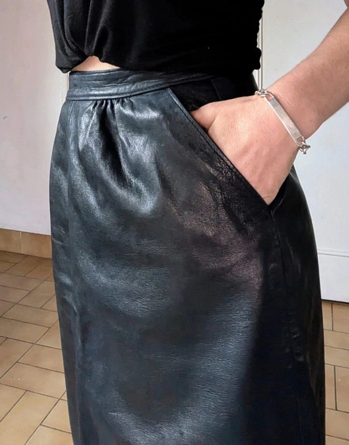 💎 jupe midi en cuir noir sexy chic rockabilly créateur français vintage GMG rare authentique t XS 34 - photo numéro 9