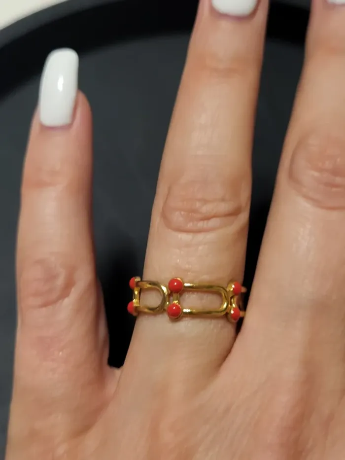 Bague acier inoxydable ajustable trait et points oranges - photo numéro 3