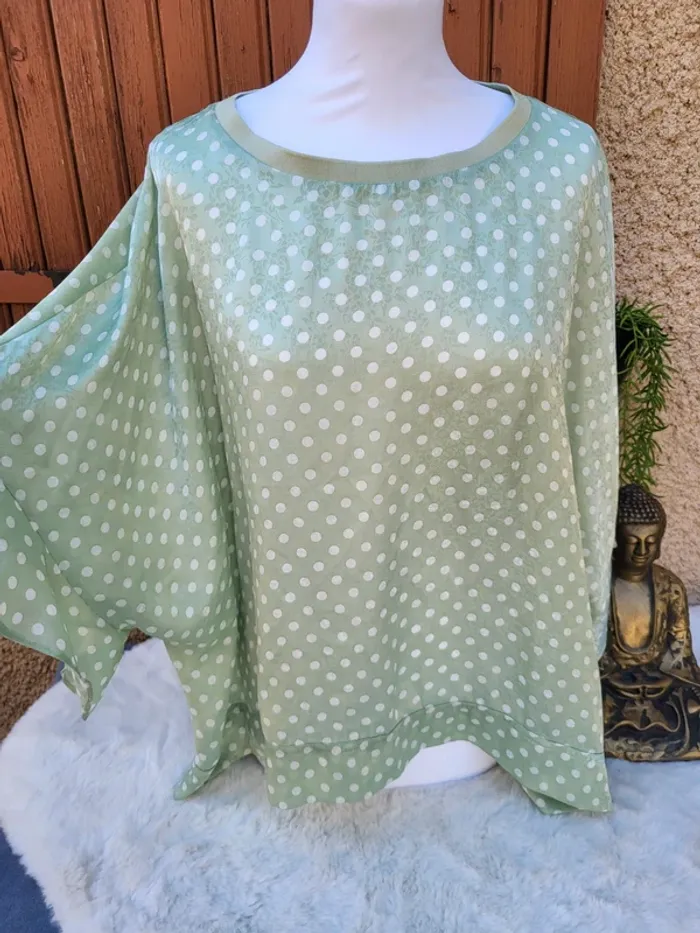 Blouse satiné oversize fluide menthe pois blanc rétro zara taille XL - photo numéro 2