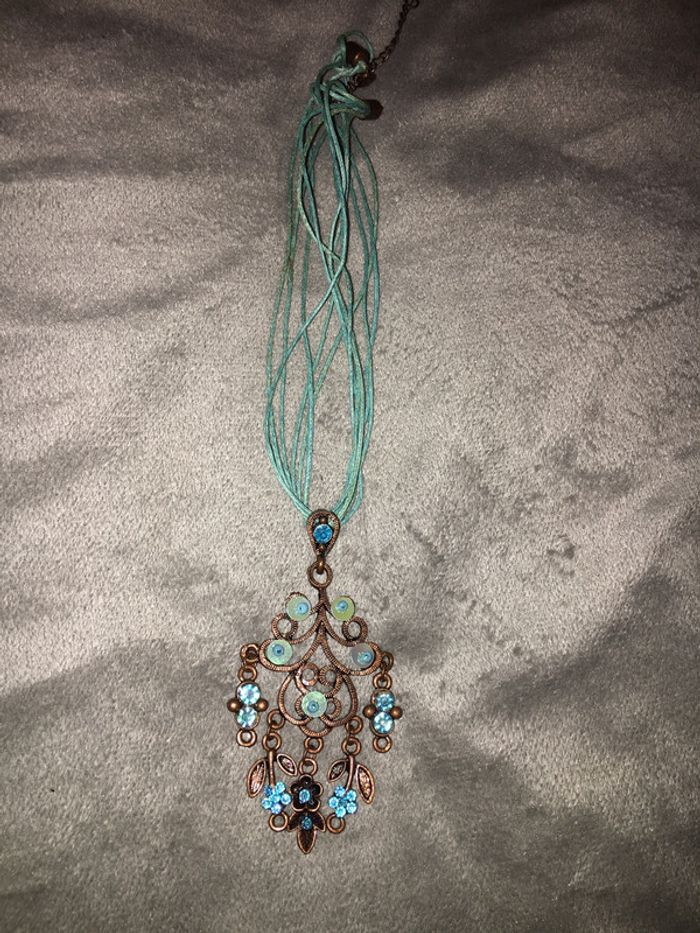 Collier fantaisie métal vieilli bleu et bronze - photo numéro 2