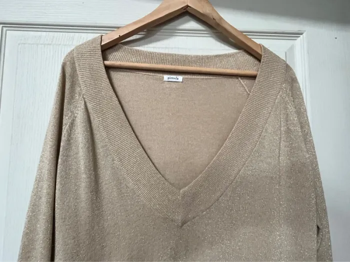 Pull fin col V beige à paillettes doré, taille 42 - photo numéro 2