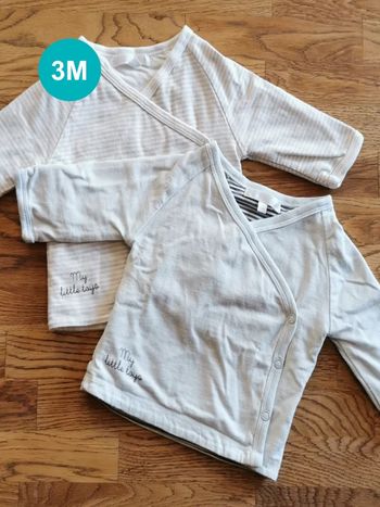 Lot 2 gilets coton bleu clair rayures gris Kimbaloo 3 mois