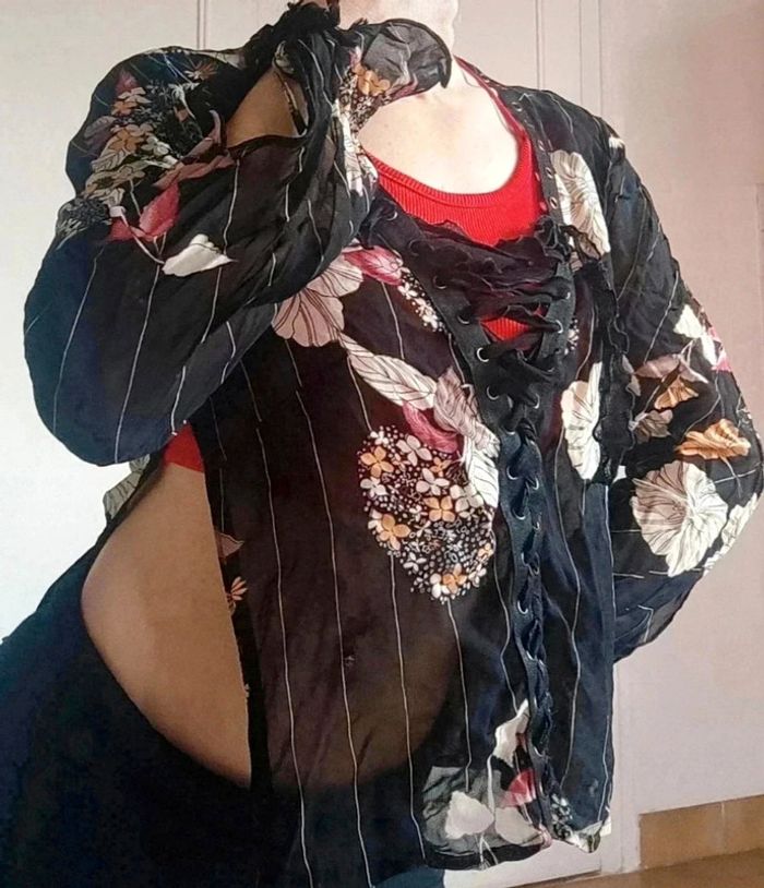 haut top y2k 90 2000 blouse voile transparente à rayure femme sexy à lacet fleurie mng - photo numéro 4