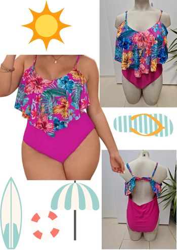 Maillot De Bain Une Piece Fuchsia Volants Imprimé Fleurs Hibiscus
