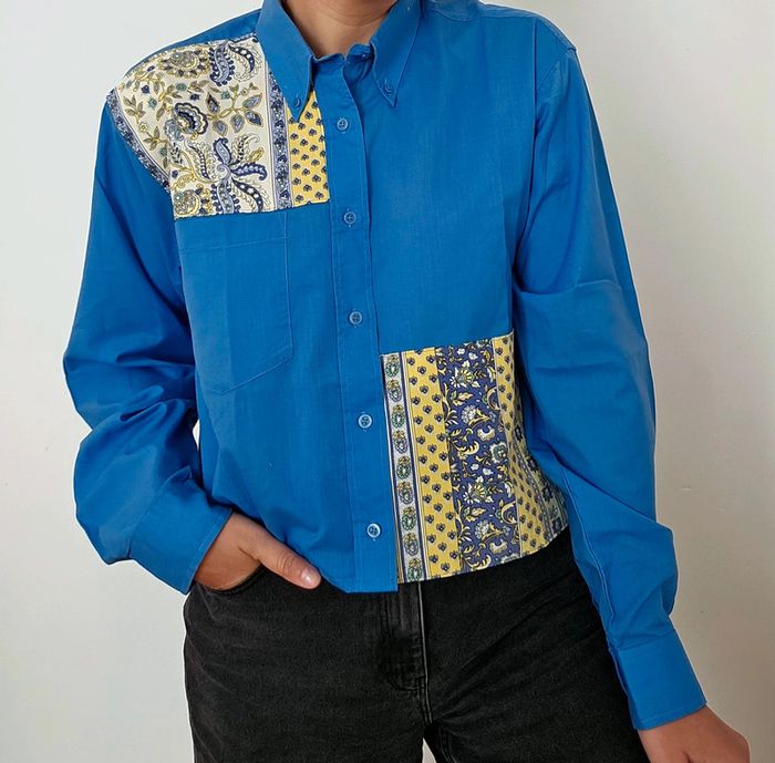 Chemise upcyclée patchwork asymétrique blue - photo numéro 3