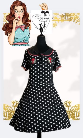 Robe pin-up noire polka broderie fraise Dancing Days by Banned