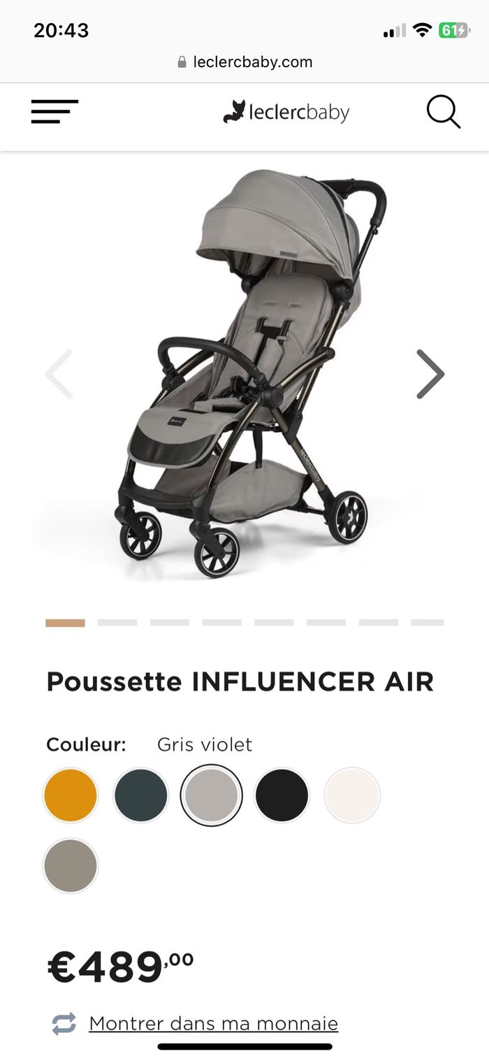 Poussette Grise modèle YOYO, LeclercBaby Influencer AIR, 150 euros au lieu de 489 euros (Neuf dans le carton)