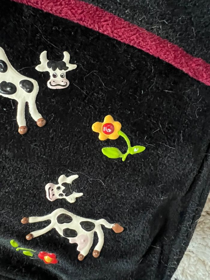 Sac à main porté épaule velours noir décoré de vaches et fleurs vintage - photo numéro 3
