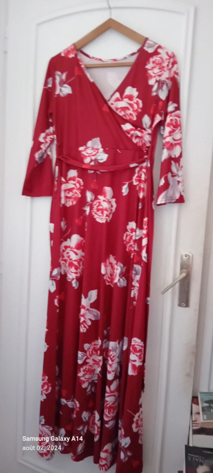 Robe très longue viscose motif roses bordeaux femme L
