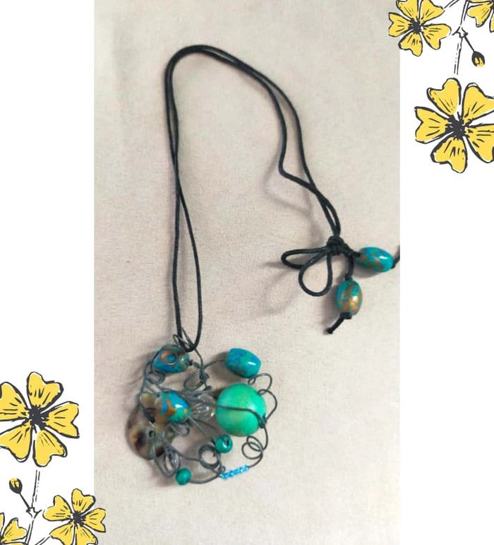 Collier fait main vintage – Fil noir & perles turquoise - Collection Brume Bleue - photo numéro 8