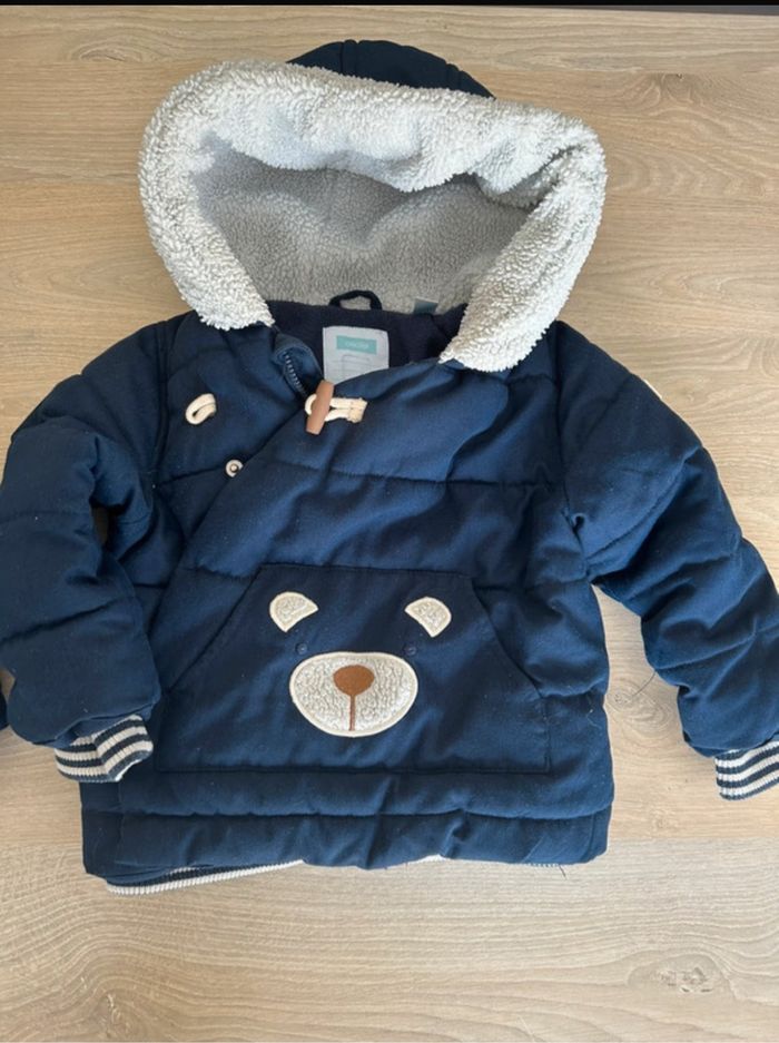 Manteau + bonnet okaidi doublé sherpa bleu bébé garçon 18 mois
