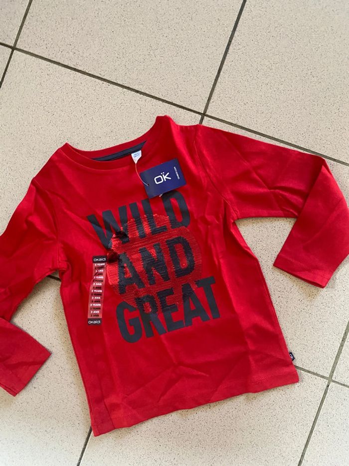 Tee shirt T-shirt Okaidi 3 ans rouge motif sequins Neuf