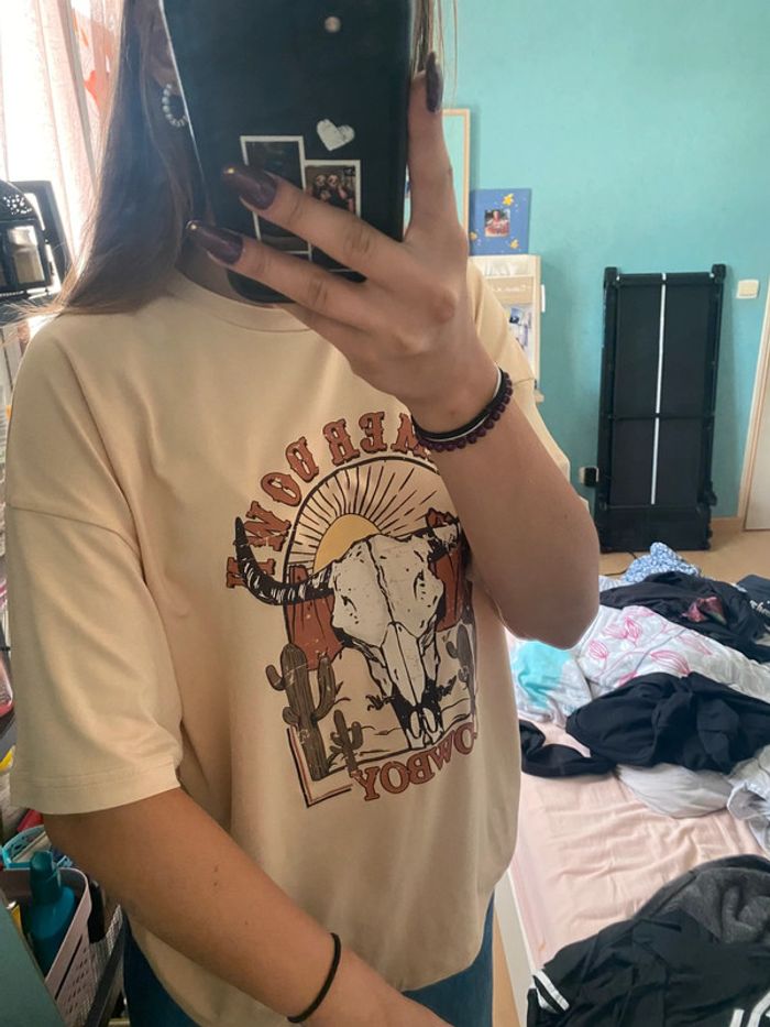 t-shirt large, over size beige à dessin - photo numéro 2