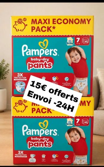 124 couches Pampers taille 7 pants+15 kg lot de 2 cartons 