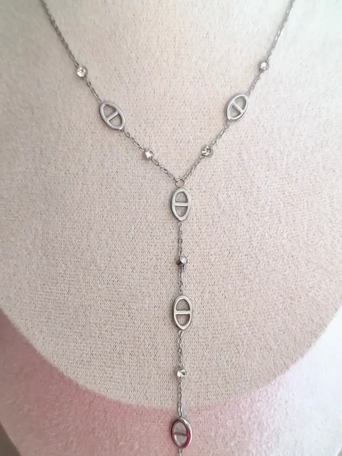 Pendentif argenté en Y maille marine et zircons - photo numéro 3