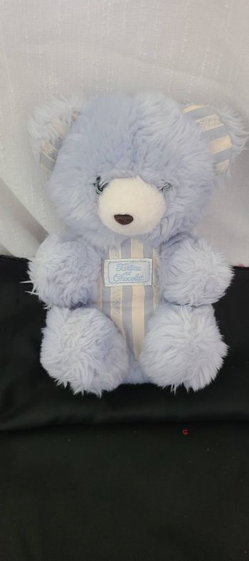 Doudou Peluche Ours Bleu Blanc Tartine Et Chocolat 18cm Vintage Bruit Hochet