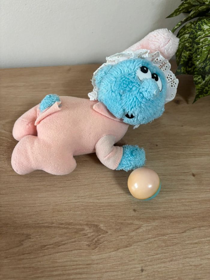 Peluche vintage bébé schtroumpfs rose bleu hochet peyo 1983 - photo numéro 2