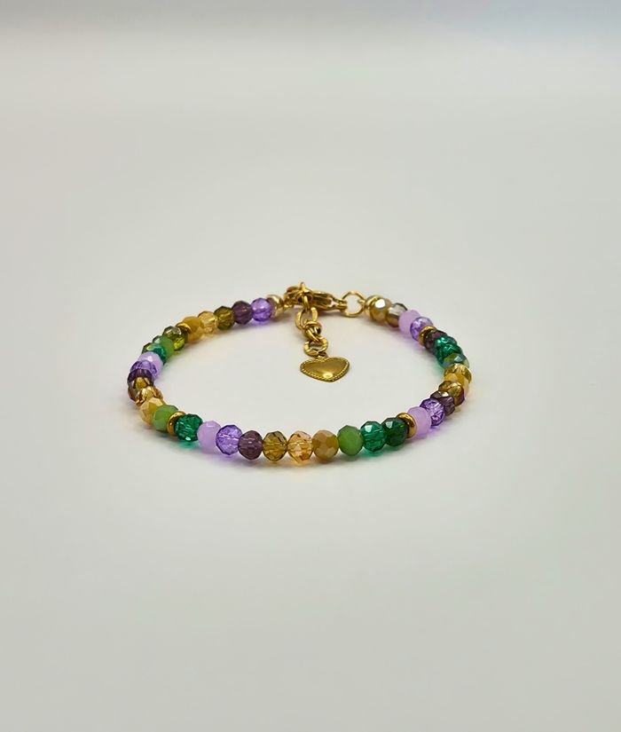 Bracelet doré petites perles vertes, jaunes et violettes - photo numéro 1