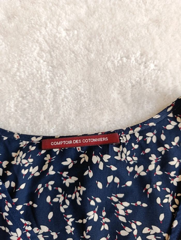 Blouse haut top cache coeur Comptoir des cotonniers 38 bleu marine et blanc ceinture assortie - photo numéro 6