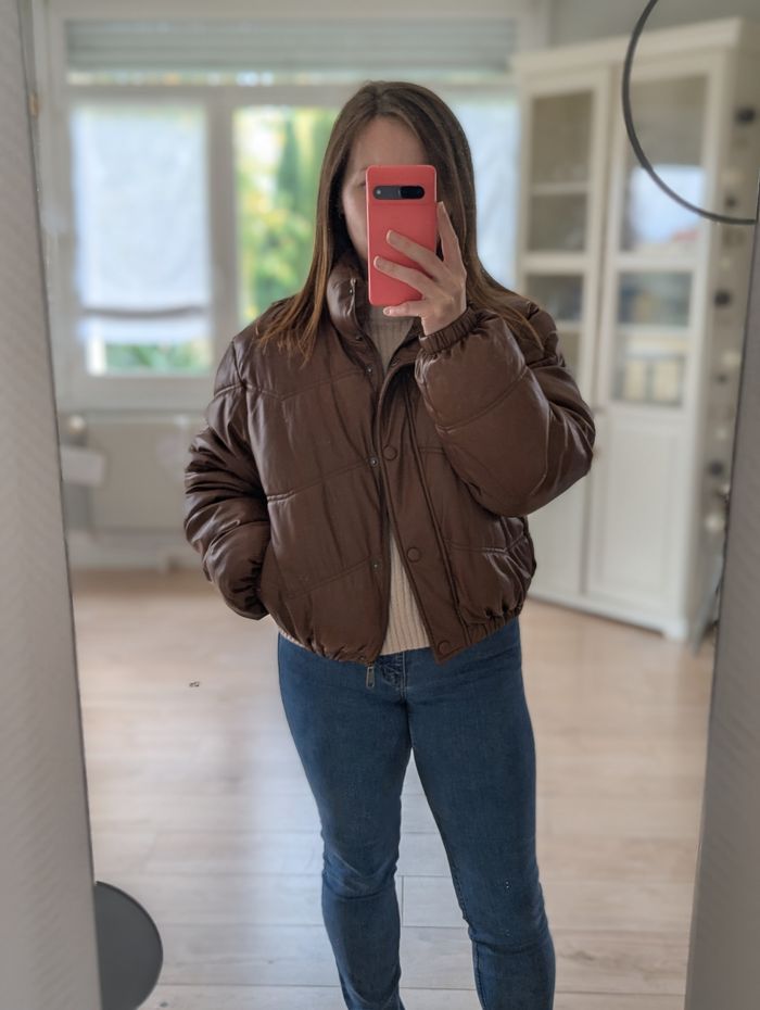 Doudoune courte marron effet cuir – Zara – Taille S - photo numéro 5