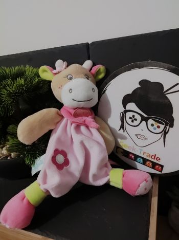 Coquillette vache Doudou plat vache rose fleur marron baby nat' bn0172  DD003210