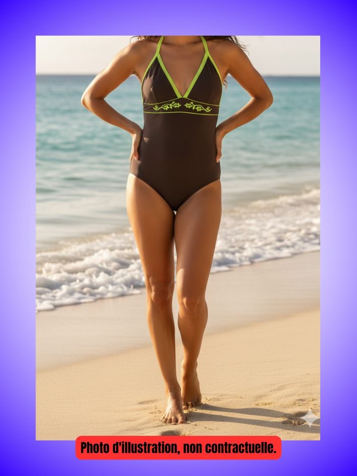 Maillot de Bain 1 Pièce Dos Nu Marron & Vert Lime – Motifs Bohèmes – Taille 44 XXL – Neuf, Sans Étiquette - photo numéro 5