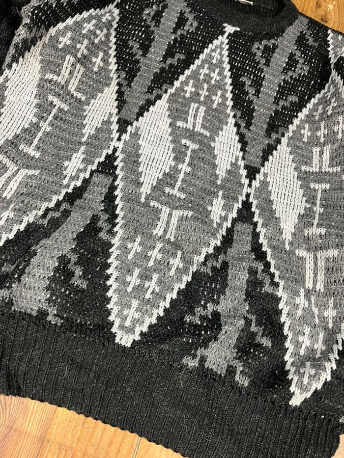 Pull maille vintage motifs noir gris L - photo numéro 3