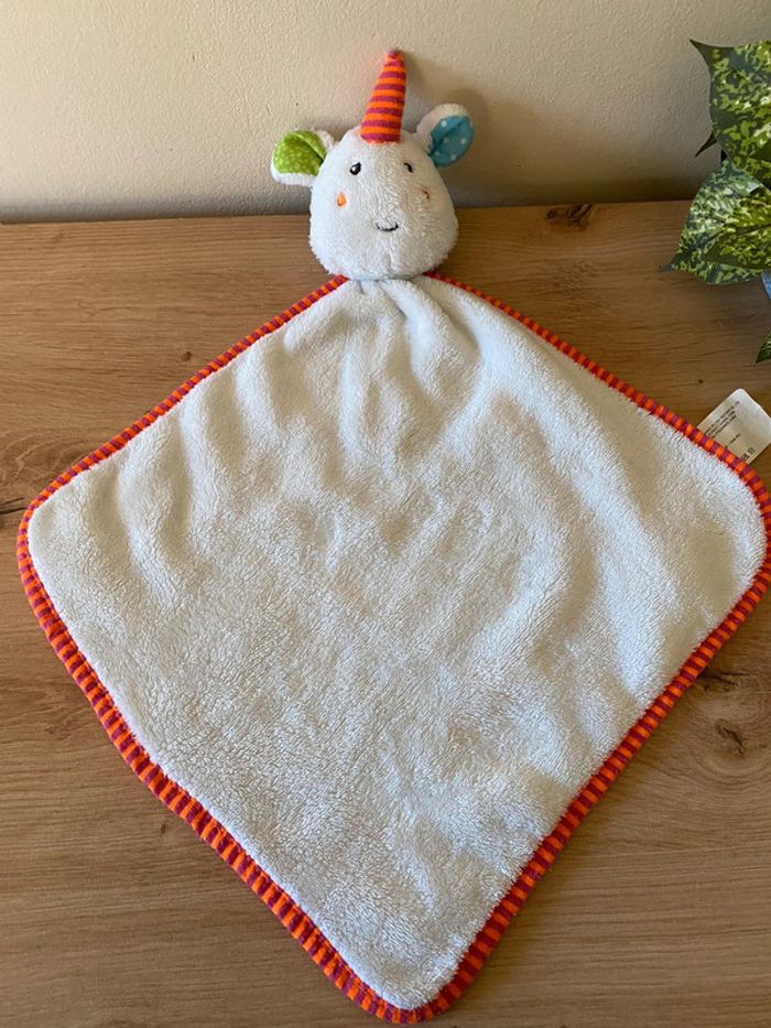 Doudou plat licorne blanche contour orange rose jurong